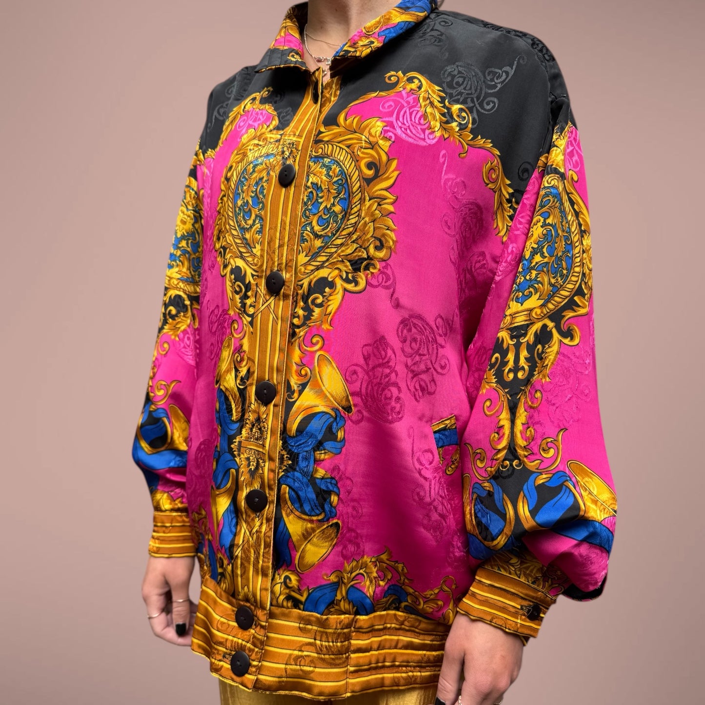 Vintage Baroque-Print Button-Up Jacket – Oversized Fit