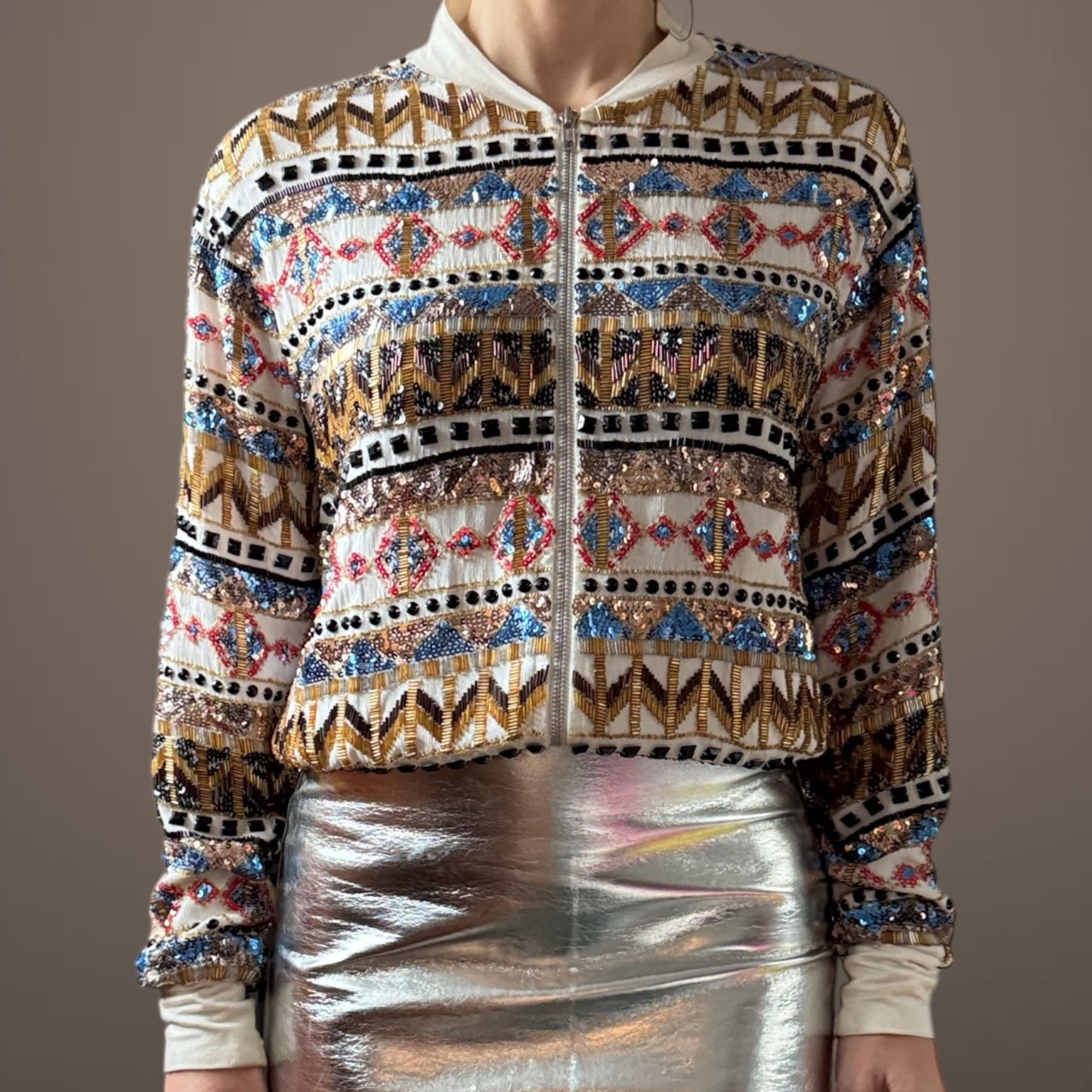 Hand-Beaded Embellished Bomber Jacket – Multi-Color