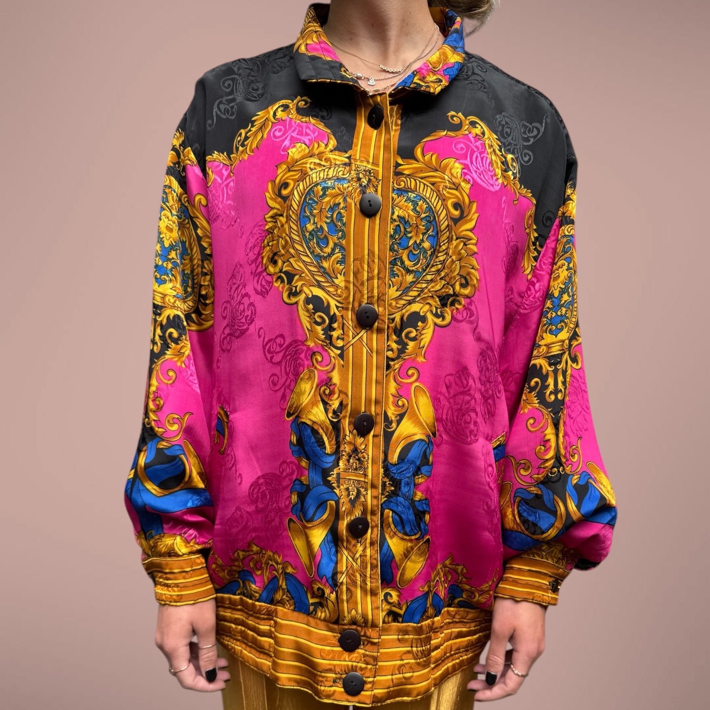 Vintage Baroque-Print Button-Up Jacket – Oversized Fit