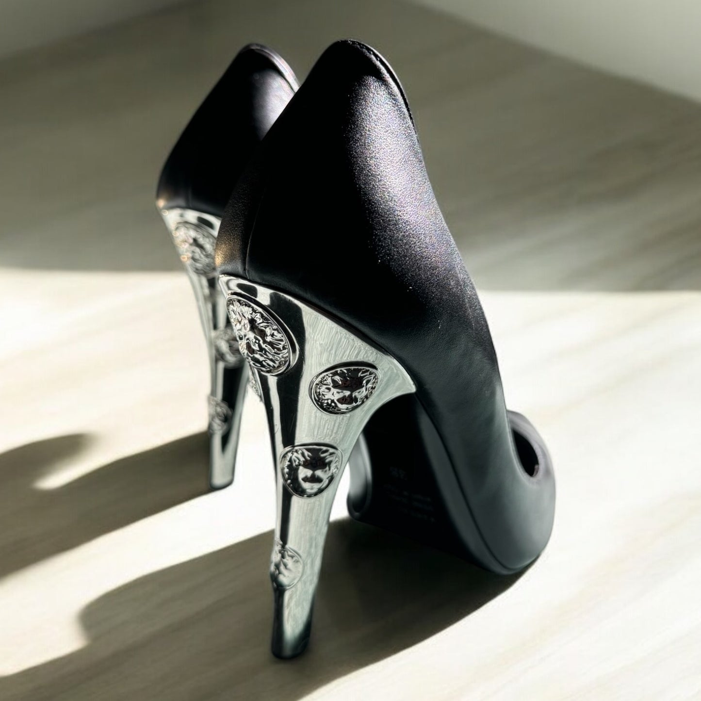Versace Black Leather Pumps with Iconic Medusa Silver Heels - Size 38