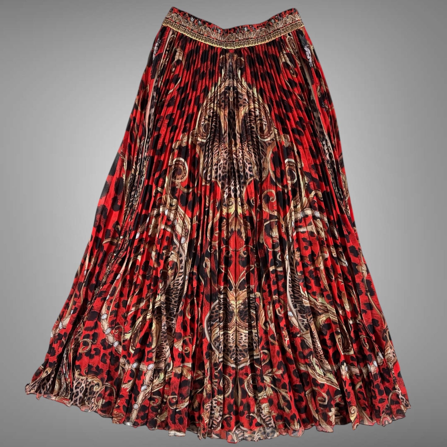 Camilla Sheer Red Leopard-Print Maxi Skirt with Crystals