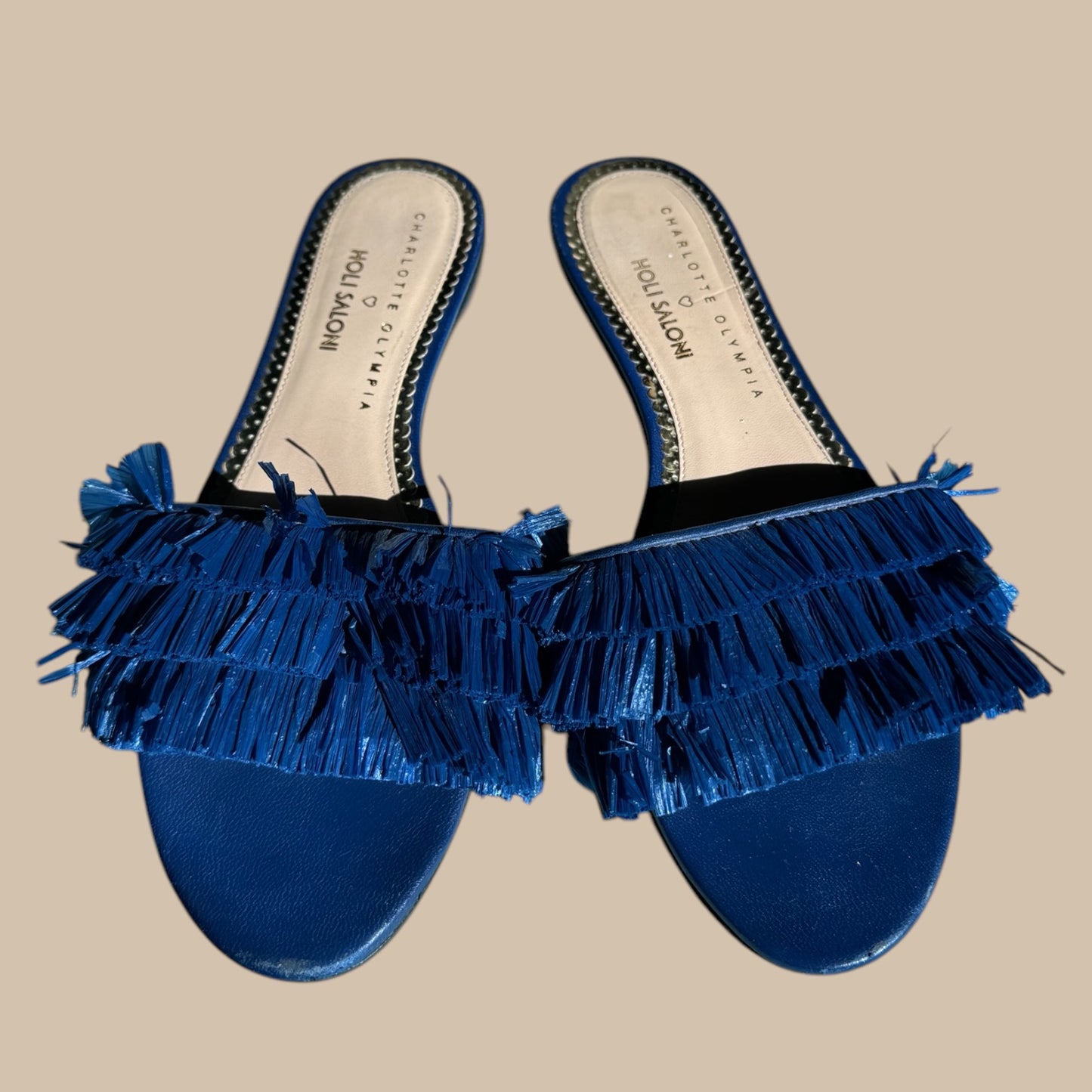 Charlotte Olympia x Holli Saloni Blue Fringe Slide Sandals – Size 39.5 EU