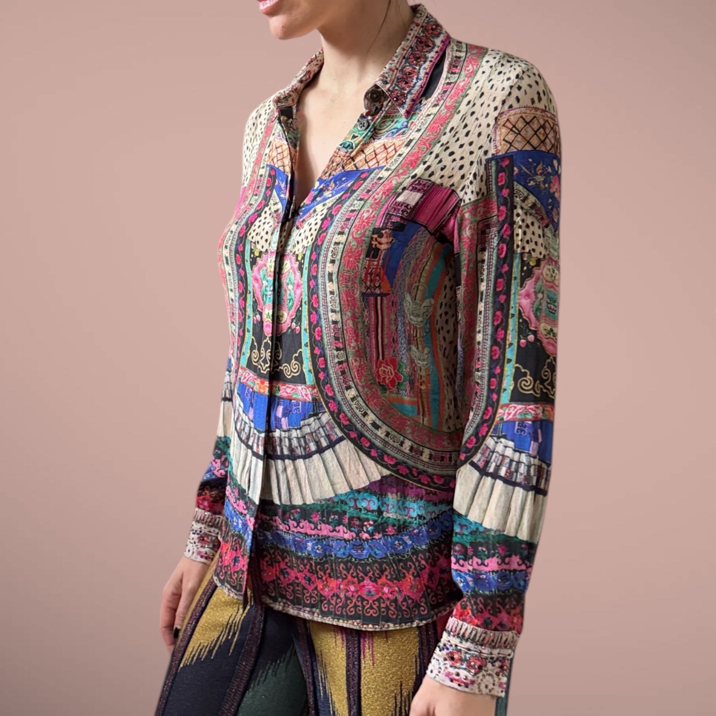 Camilla 100% Silk Printed Button-Up Blouse – Size S