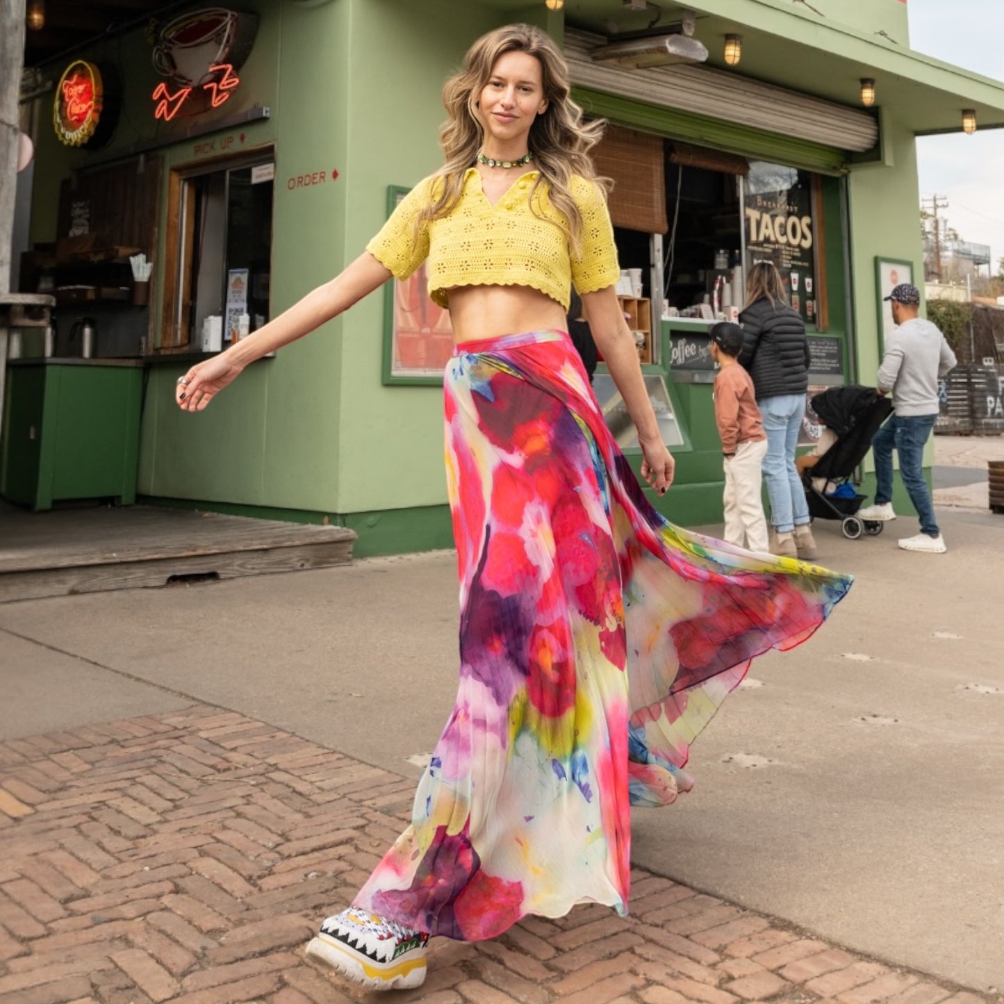 Alice + Olivia Watercolor Pleated Maxi Skirt