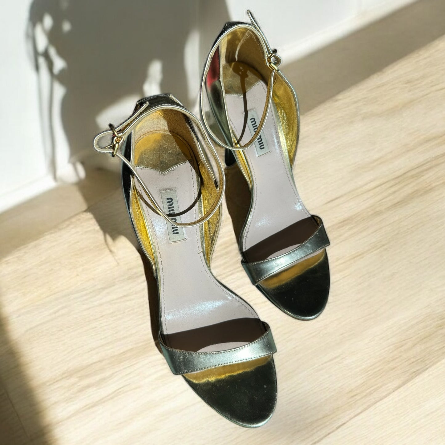 Miu Miu Gold Leather Ankle Strap Heels – Size 39 EU