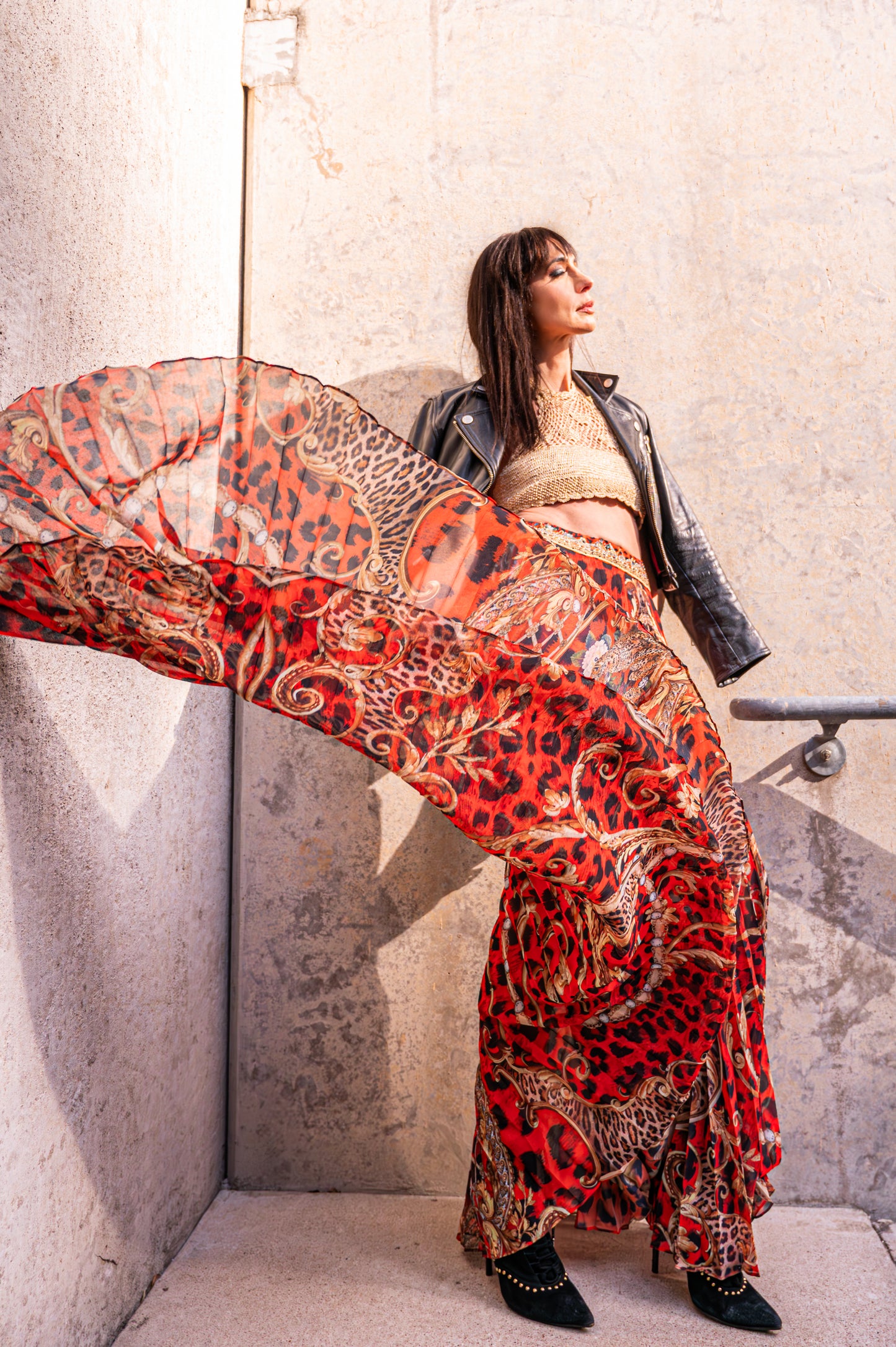 Camilla Sheer Red Leopard-Print Maxi Skirt with Crystals
