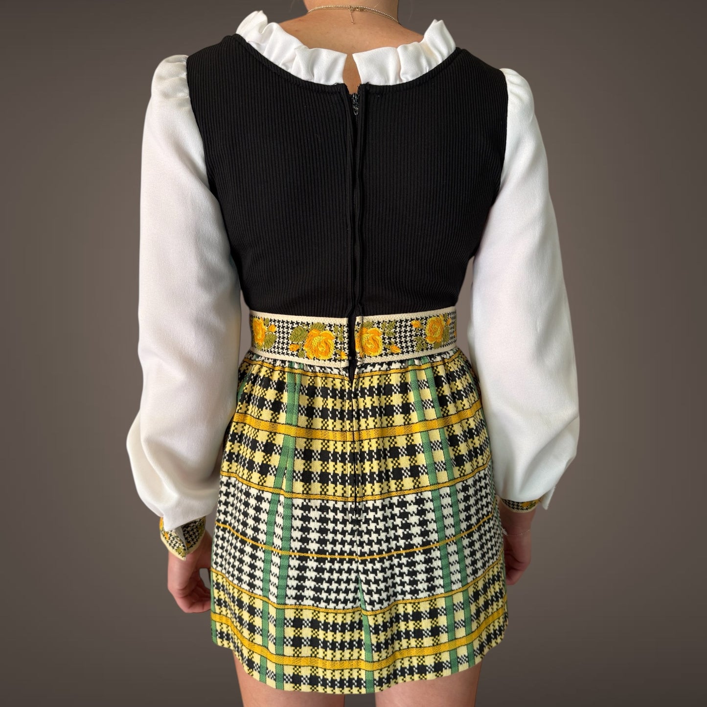 Vintage Tailored Mini Dress – Floral Waistband & Puff Sleeves