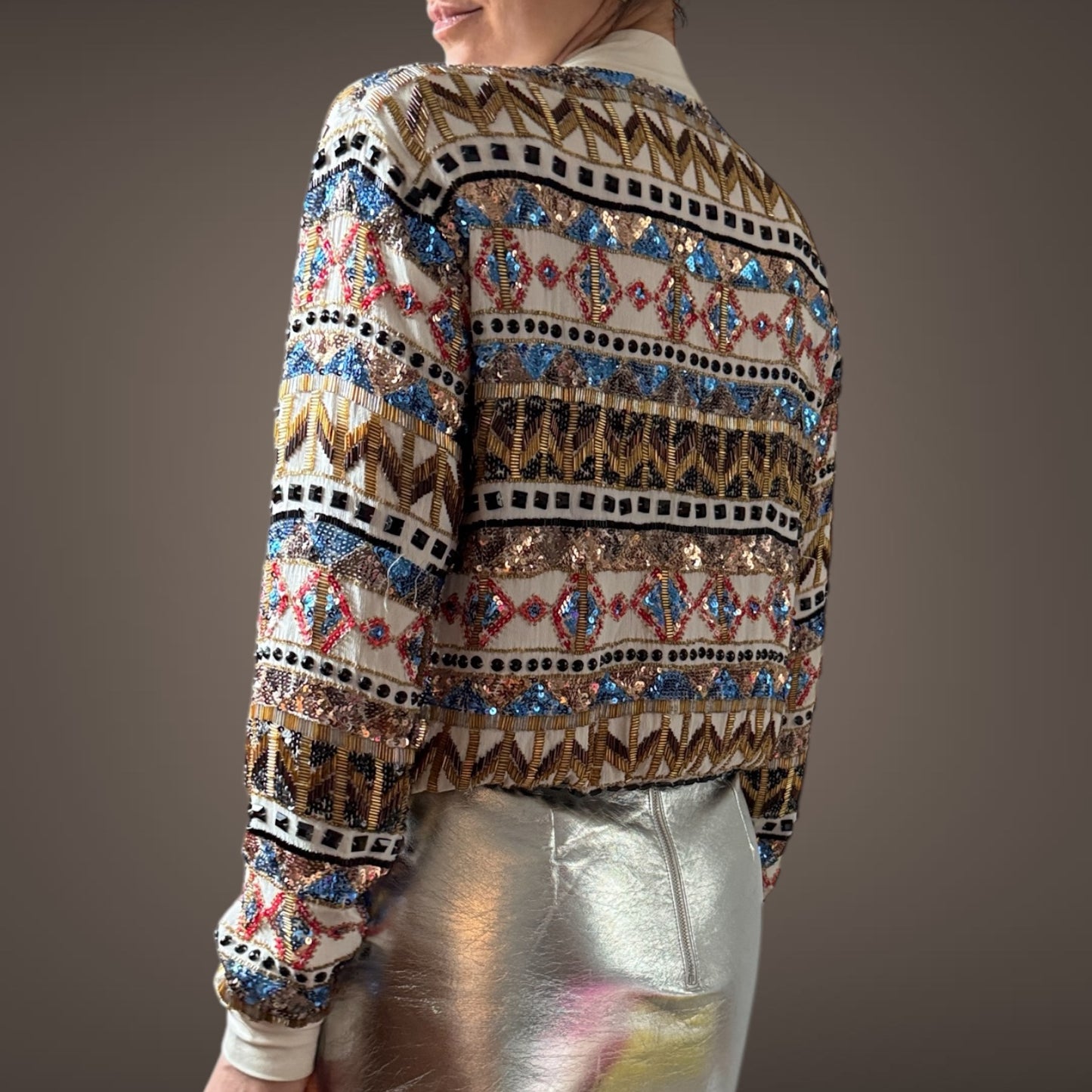 Hand-Beaded Embellished Bomber Jacket – Multi-Color
