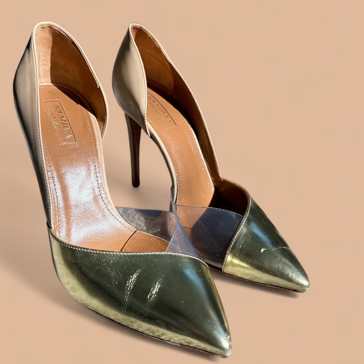 Aquazzura Metallic Gold and Nude Leather Pumps – US 8
