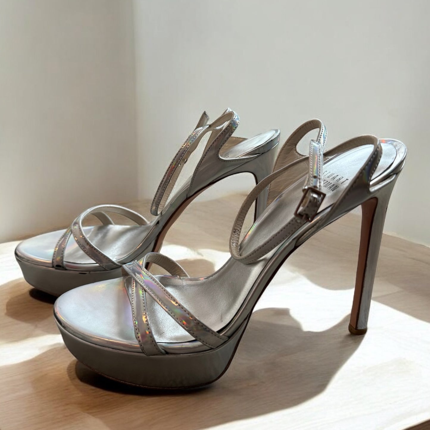 Stuart Weitzman Silver IridescentPlatform Sandals - Glamorous Statement US Size 8