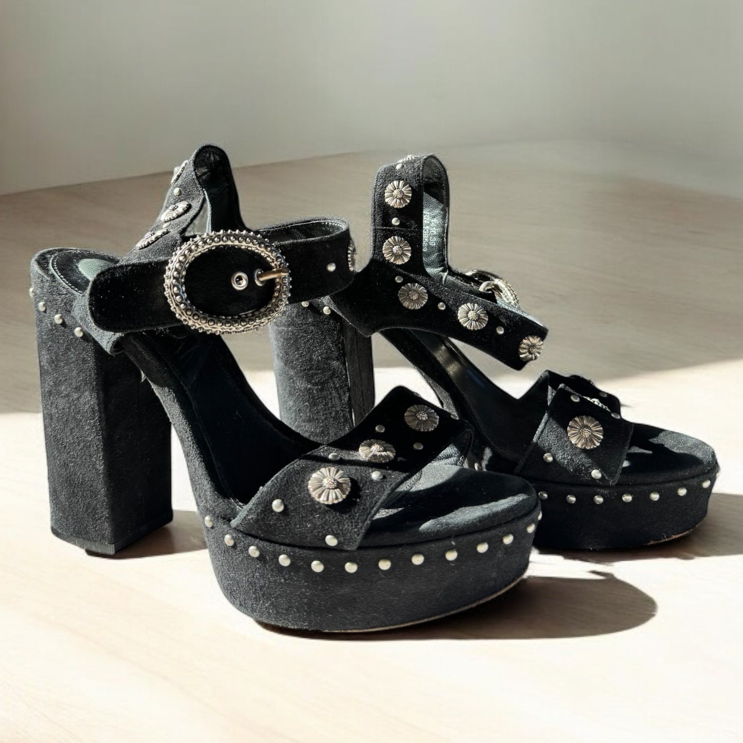 Kooplers Black Velvet Platform Sandals with Silver Studs (Size 39)