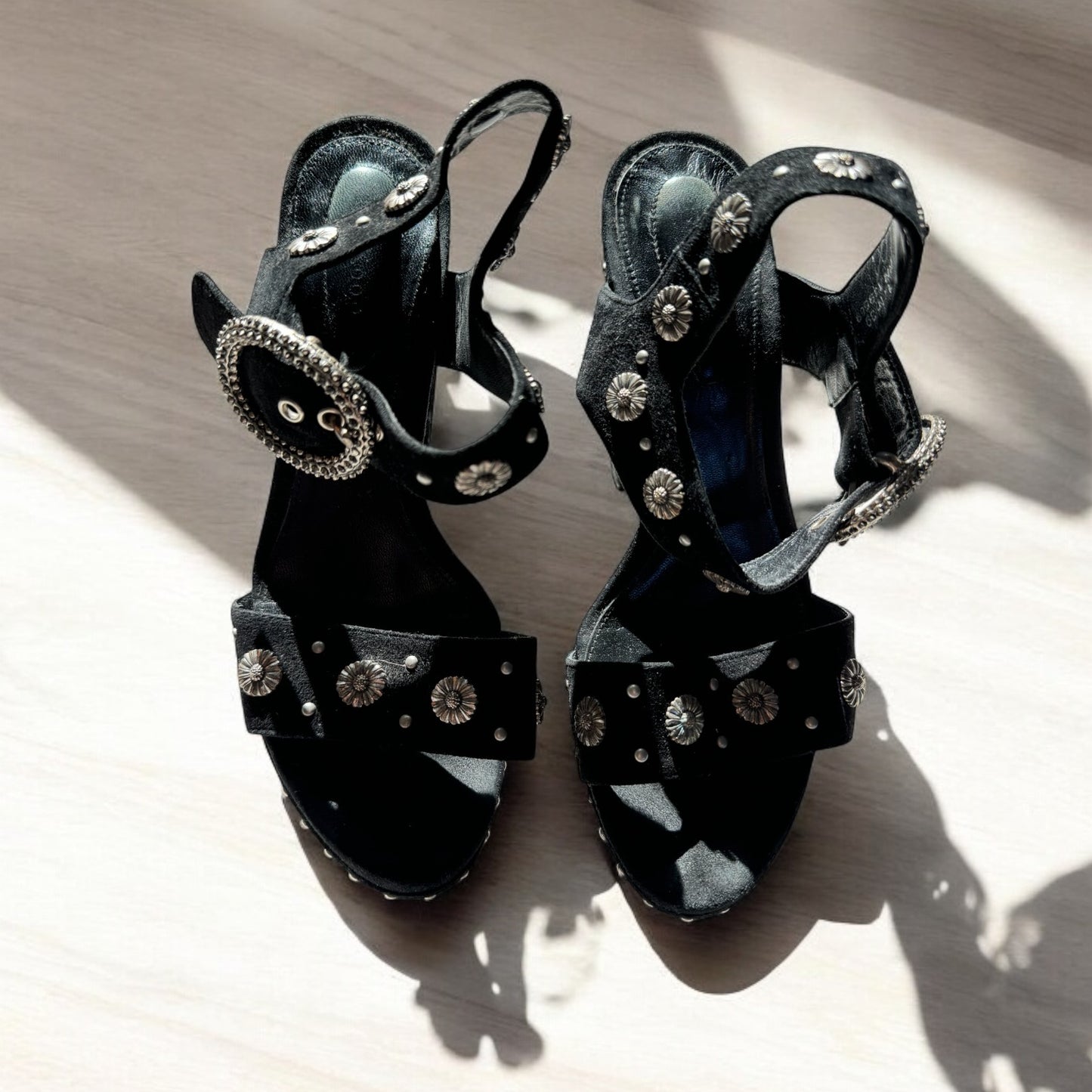 Kooplers Black Velvet Platform Sandals with Silver Studs (Size 39)