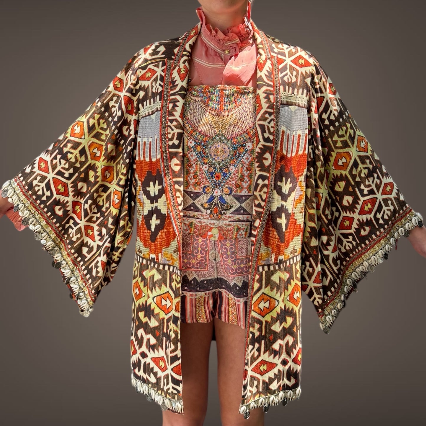 Camilla Tribal Print Embellished Kimono Jacket – One Size