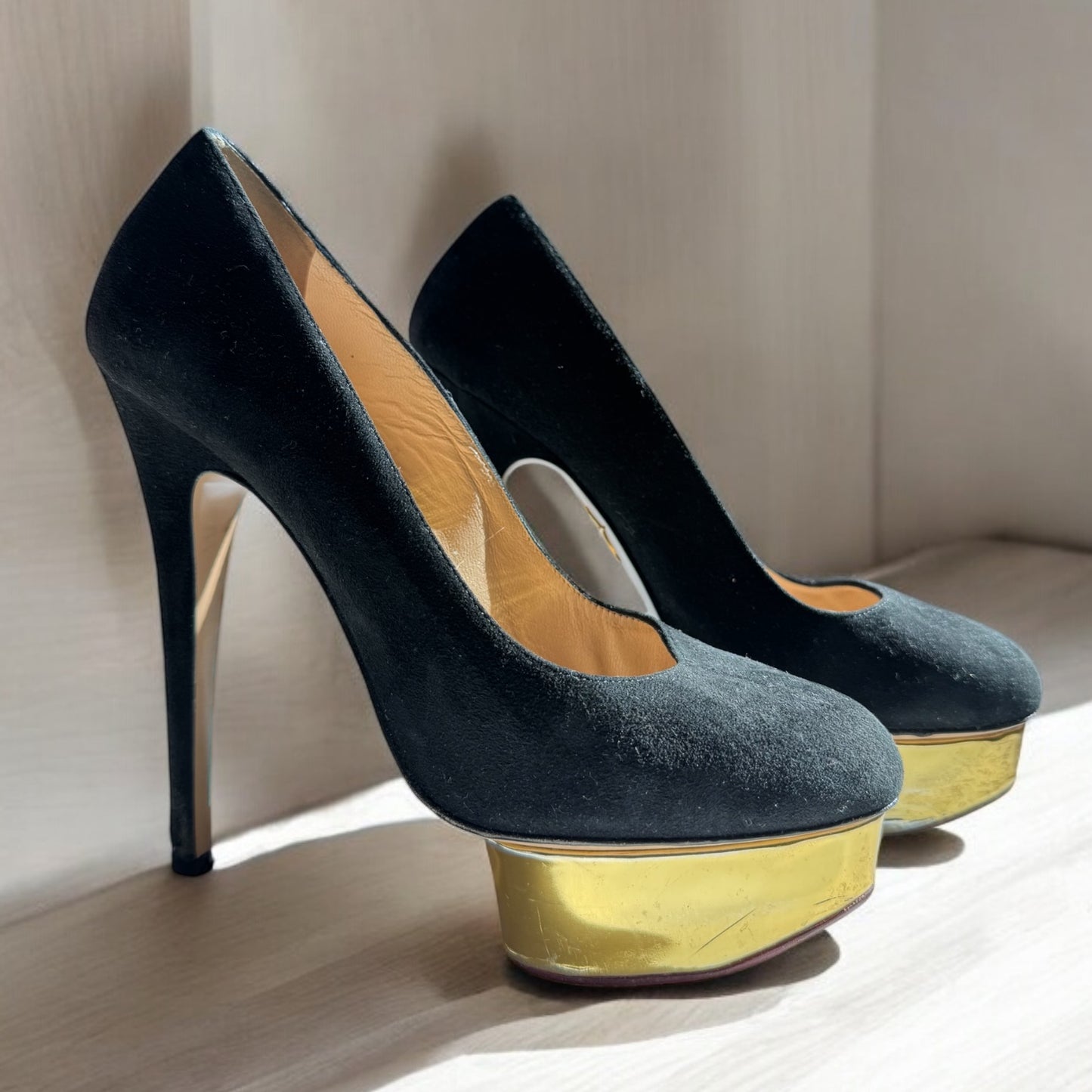 Charlotte Olympia Black Suede Platform Heels with Gold Metallic Accent - Size 38.5,