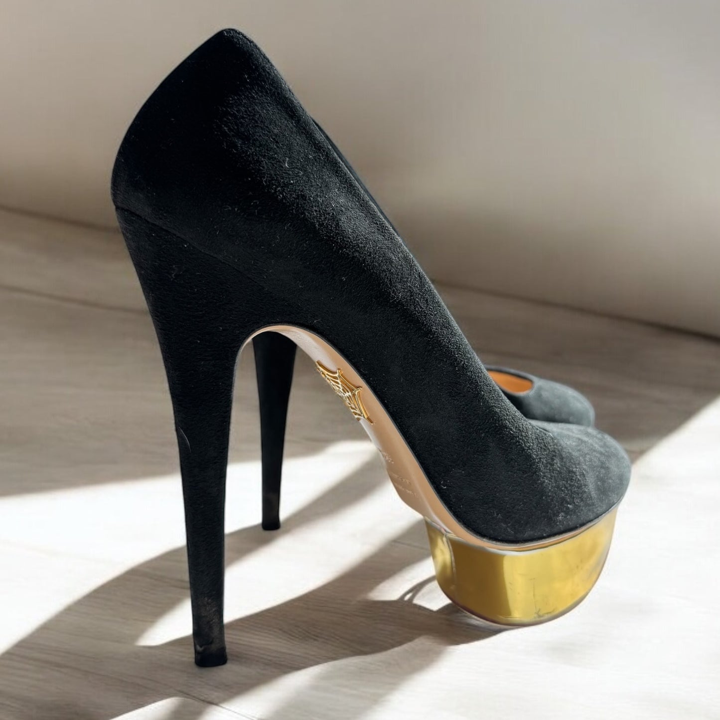 Charlotte Olympia Black Suede Platform Heels with Gold Metallic Accent - Size 38.5,