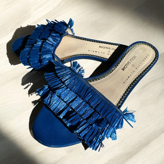 Charlotte Olympia x Holli Saloni Blue Fringe Slide Sandals – Size 39.5 EU