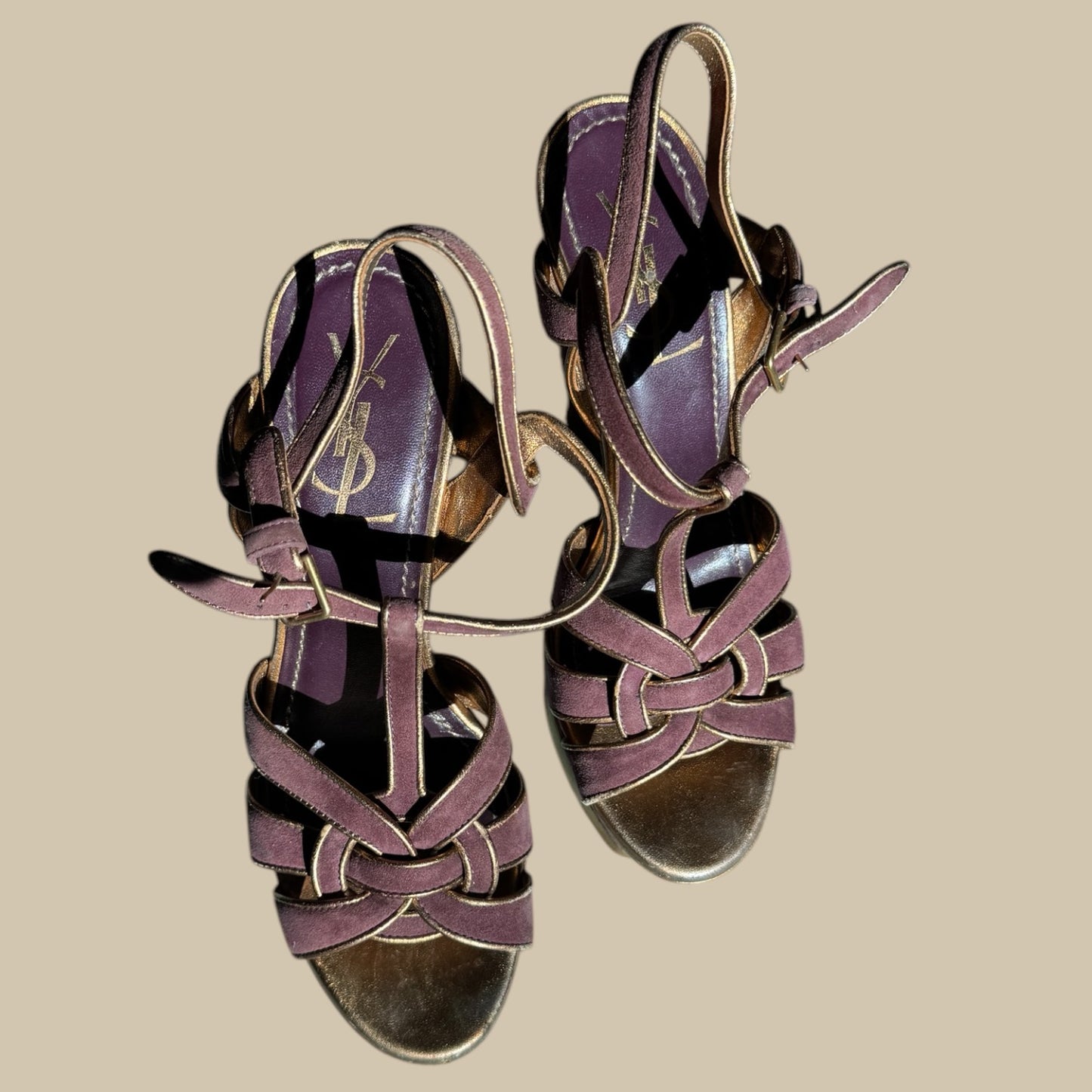YSL Yves Saint Laurent Classic Purple Suede & Gold Platform Heels – Size 38 EU