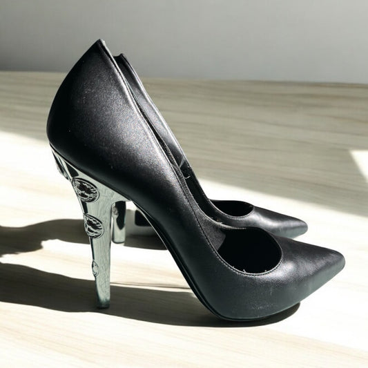 Versace Black Leather Pumps with Iconic Medusa Silver Heels - Size 38