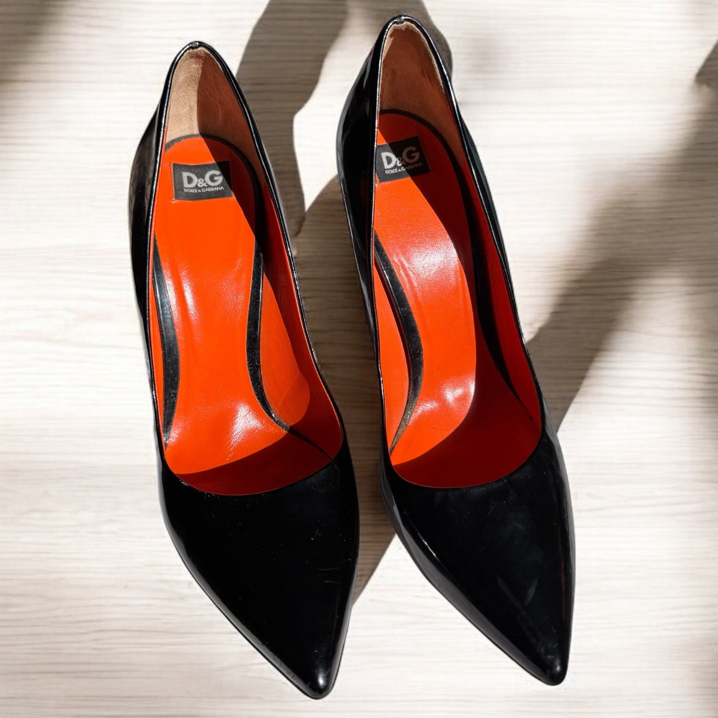 Dolce & Gabbana Black Patent Leather Pointed-Toe Heels with Orange Soles - Size 40