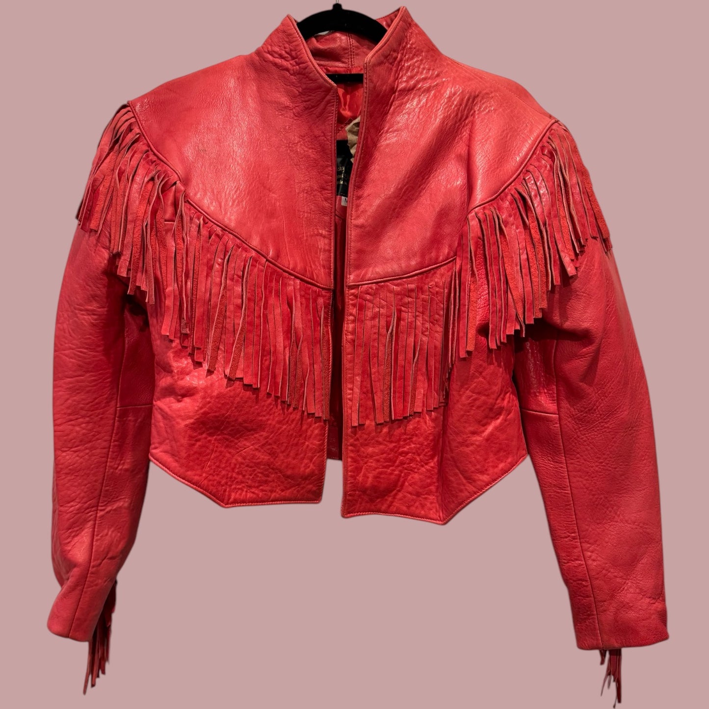 Vintage One-of-a-Kind Frayed Red Leather Jacket - Size M - Good Condition, Well Loved