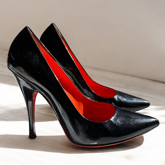 Dolce & Gabbana Black Patent Leather Pointed-Toe Heels with Orange Soles - Size 40