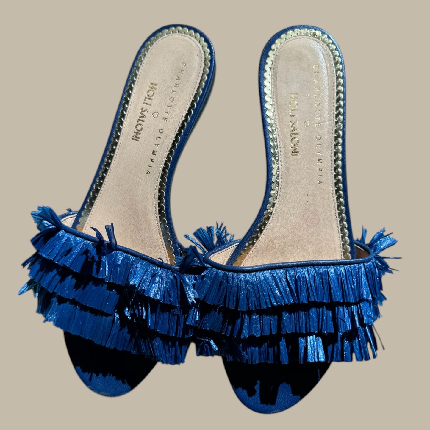 Charlotte Olympia x Holli Saloni Blue Fringe Slide Sandals – Size 39.5 EU