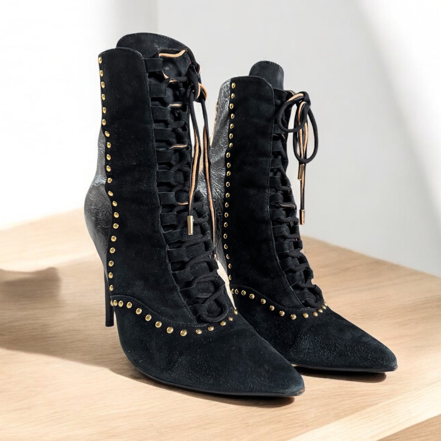 Camilla Black Lace-Up Stiletto Ankle Boots – Size 39