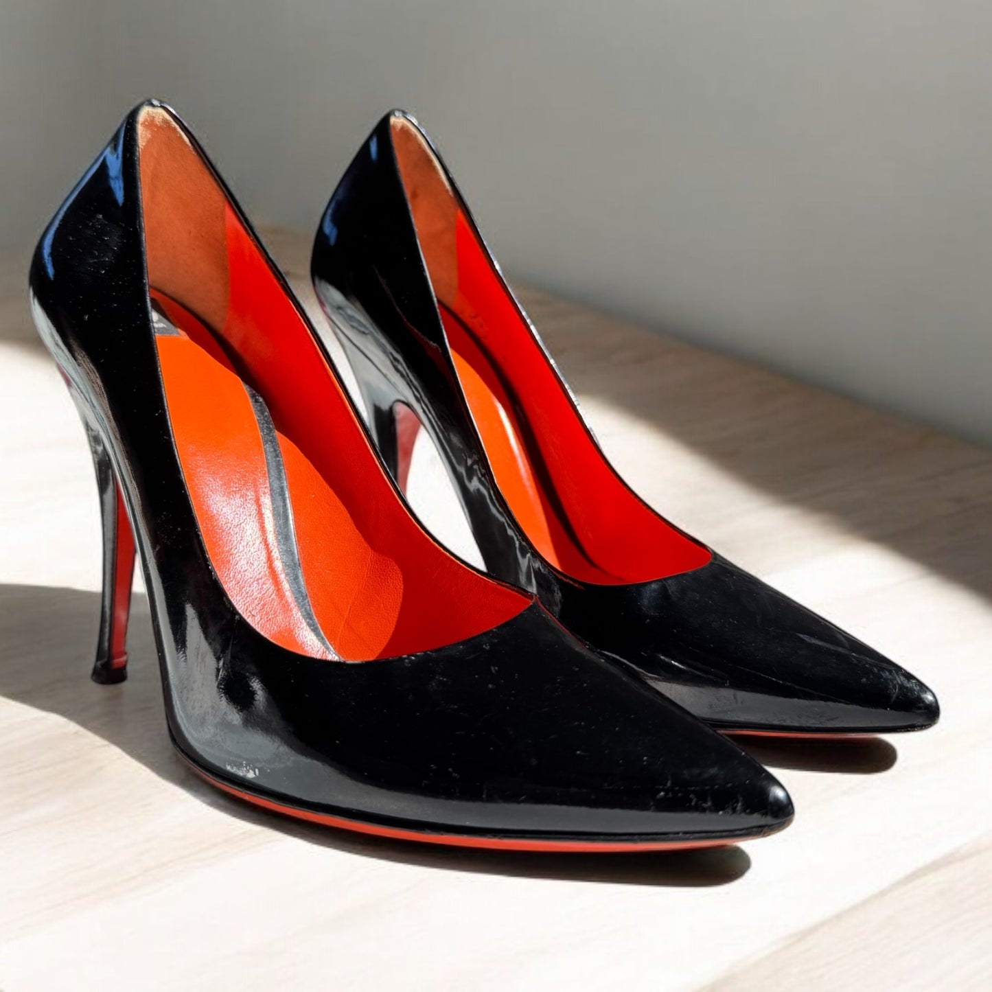 Dolce & Gabbana Black Patent Leather Pointed-Toe Heels with Orange Soles - Size 40