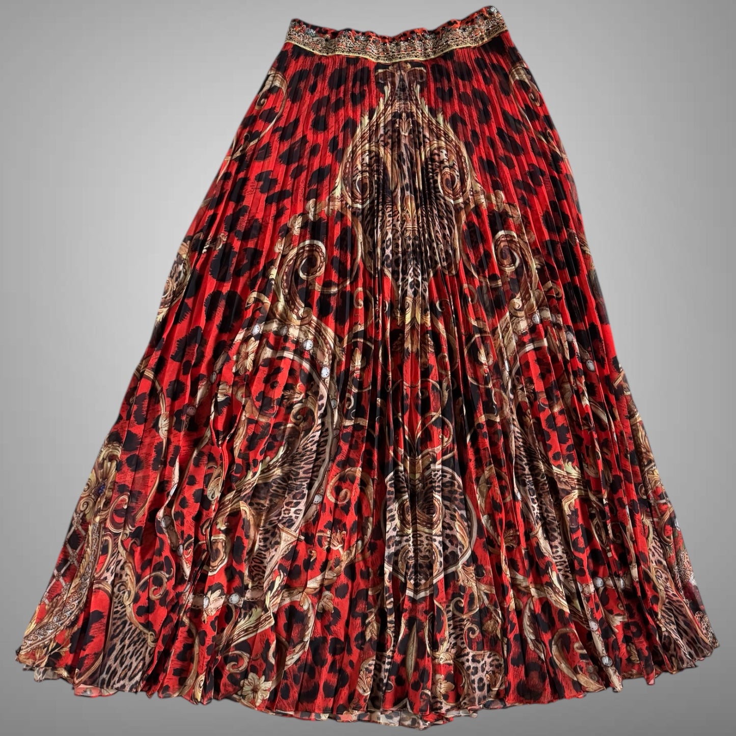 Camilla Sheer Red Leopard-Print Maxi Skirt with Crystals