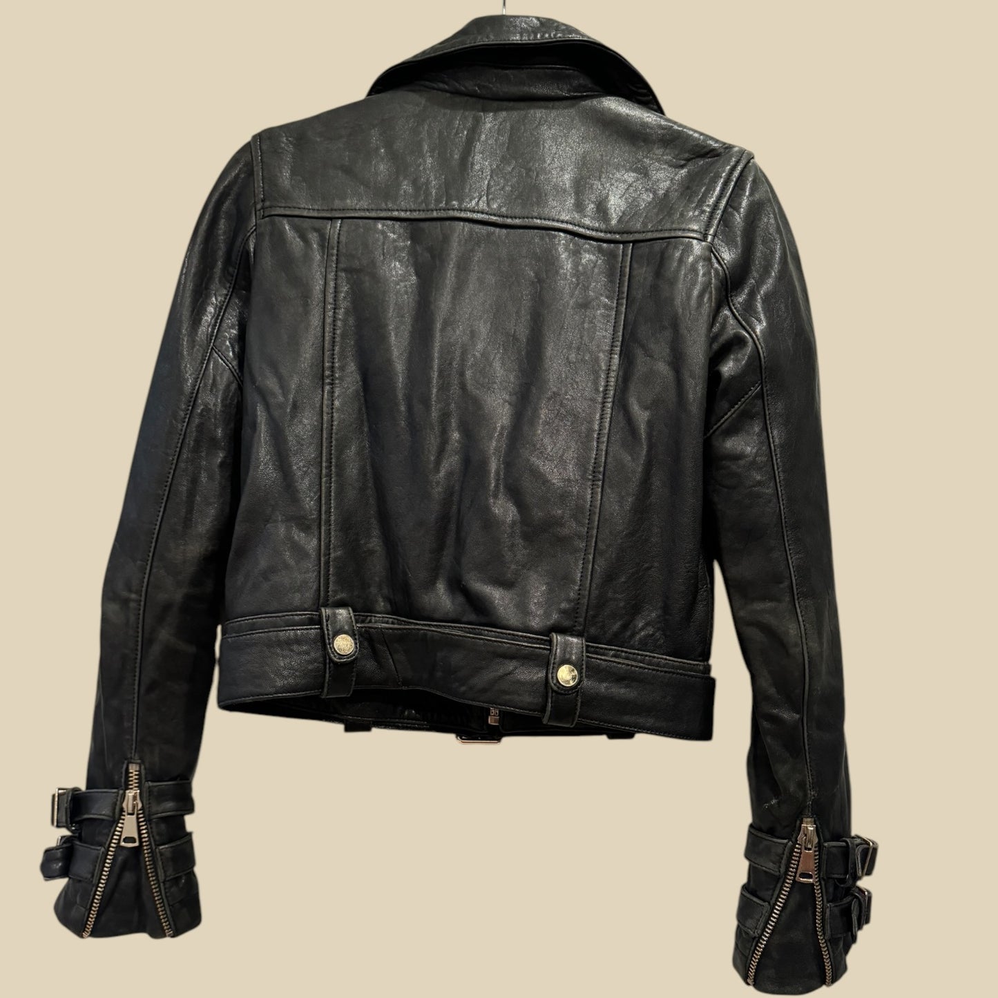 Nicholas Black Leather Biker Jacket with Gold Hardware – Size 6