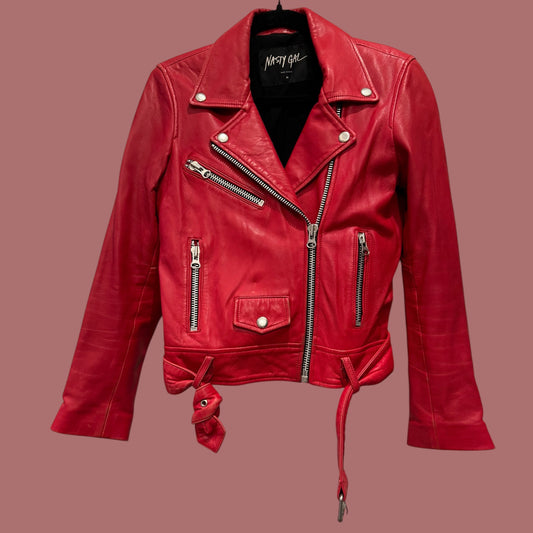 Nasty Gal Red Leather Biker Jacket – Size M
