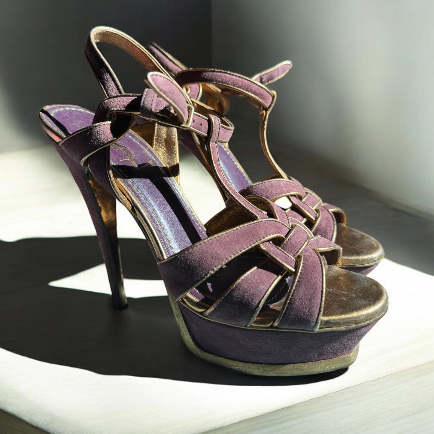 YSL Yves Saint Laurent Classic Purple Suede & Gold Platform Heels – Size 38 EU