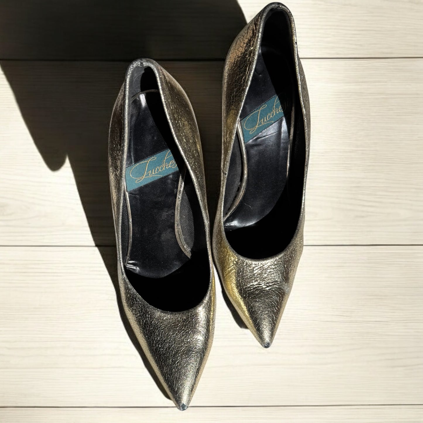 Luxury Gold Leather Pointed-Toe Heels - G. Luccheti Size 39, Made in Italy