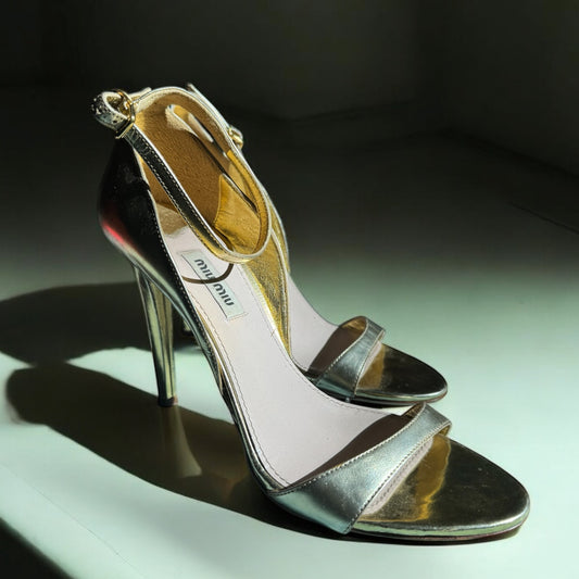 Miu Miu Gold Leather Ankle Strap Heels – Size 39 EU
