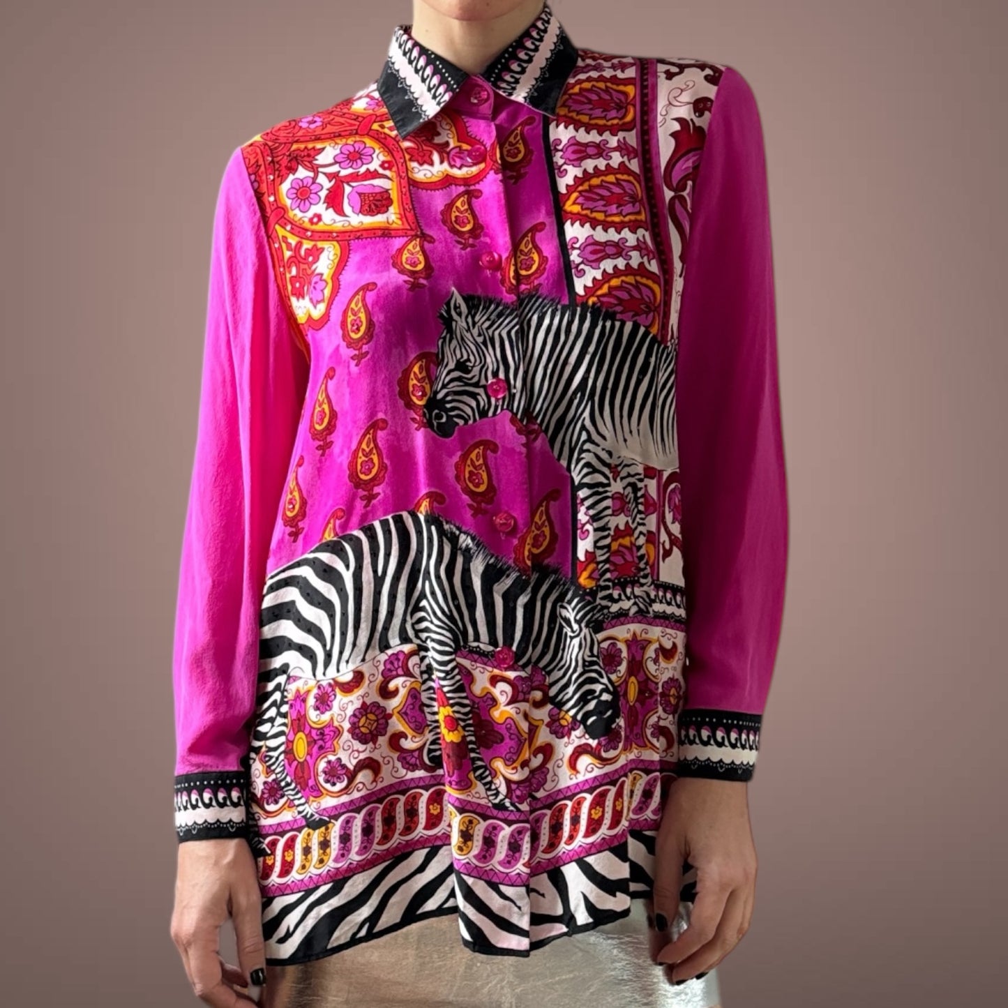 Vintage Diane Gilman 100% Silk Zebra Print Blouse with Sequins (S)