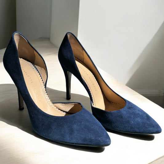 Charlotte Olympia Classic Navy Blue Suede Pumps – Size 38.5
