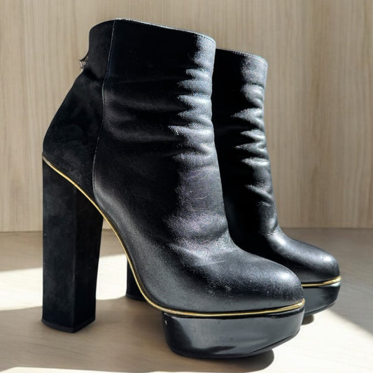 Charlotte Olympia Black Leather and Suede Platform Ankle Boots with Gold Detail - Size 39