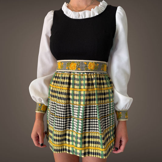 Vintage Tailored Mini Dress – Floral Waistband & Puff Sleeves