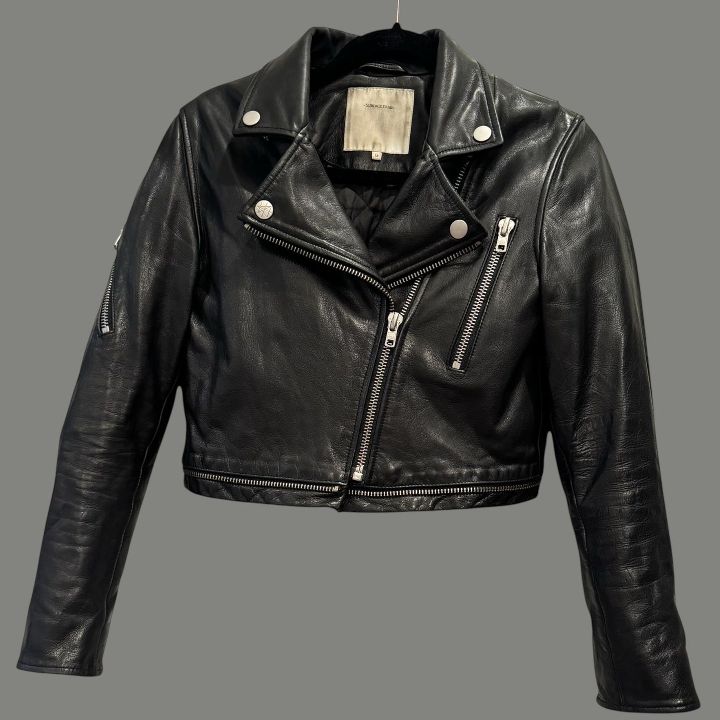 Surface to Air Black Leather Biker Jacket -
Size 38