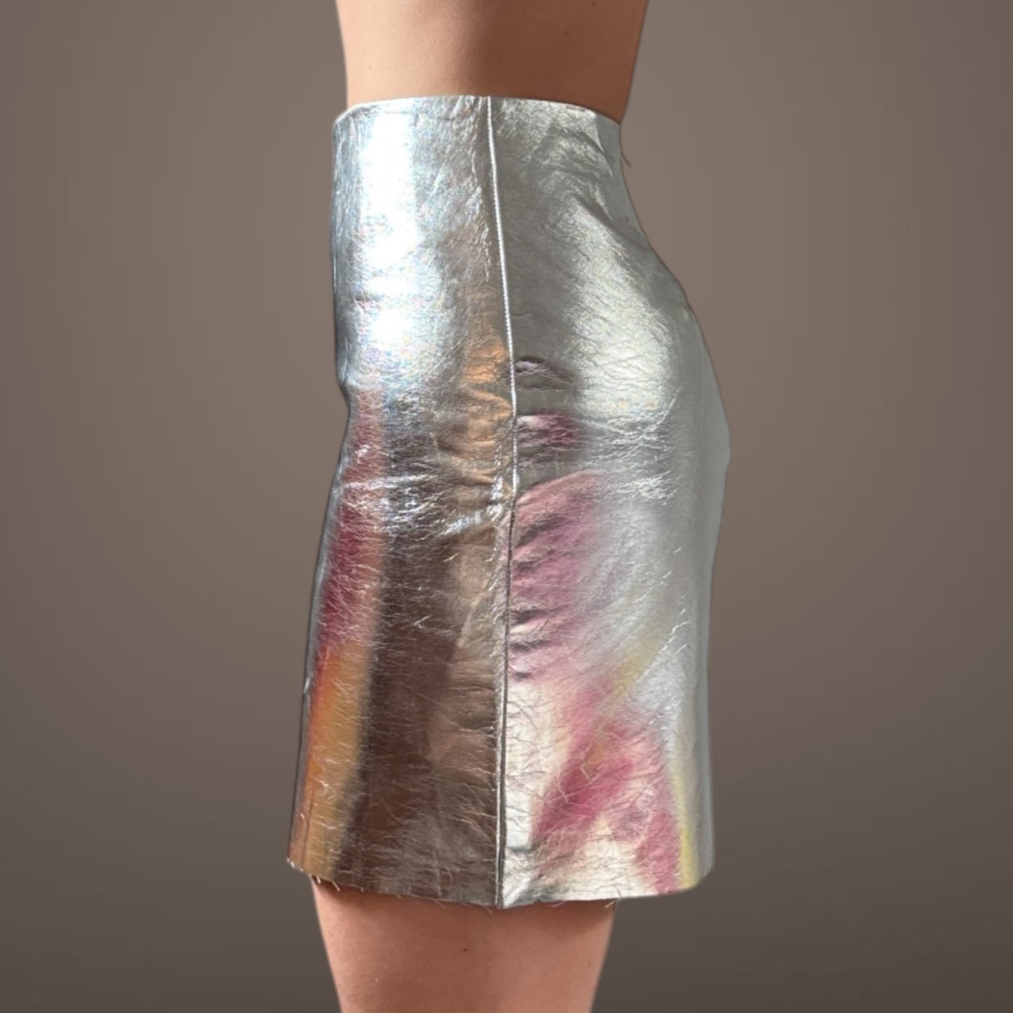 Silver Metallic Leather Mini Skirt – Size 8 AU