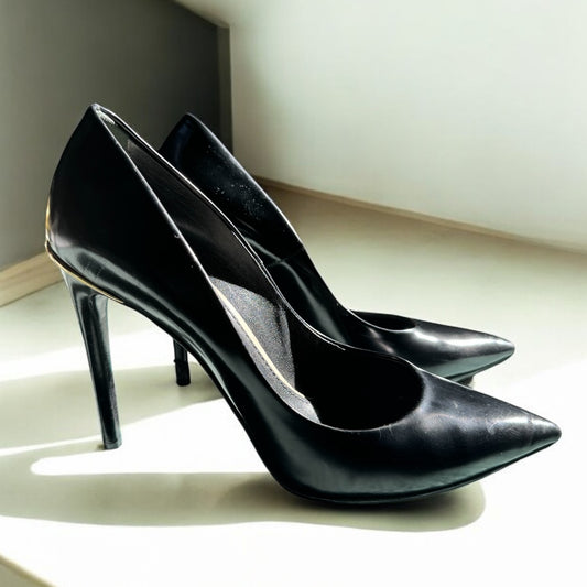 Louise Vuitton Classic Black Leather Pumps with Gold Heel Accent