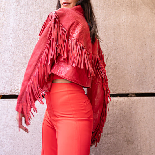 Vintage One-of-a-Kind Frayed Red Leather Jacket - Size M - Good Condition, Well Loved