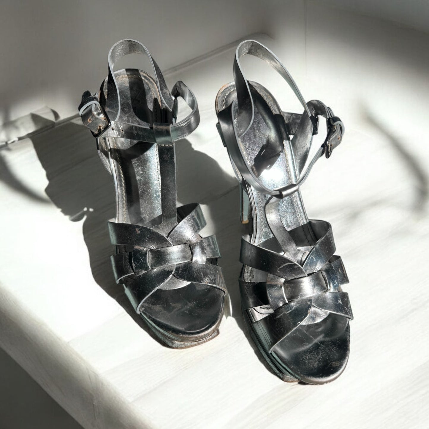 Yves Saint Laurent Silver Leather Platform Heels