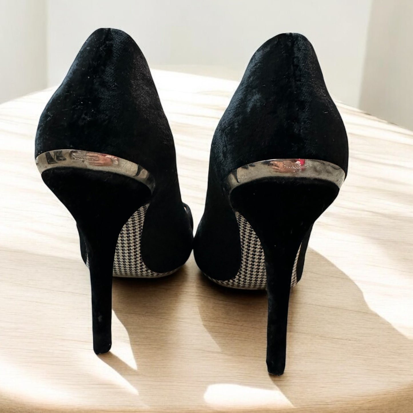 Salvatore Ferragamo Black Velvet Heels with Silver Detail - Size 38