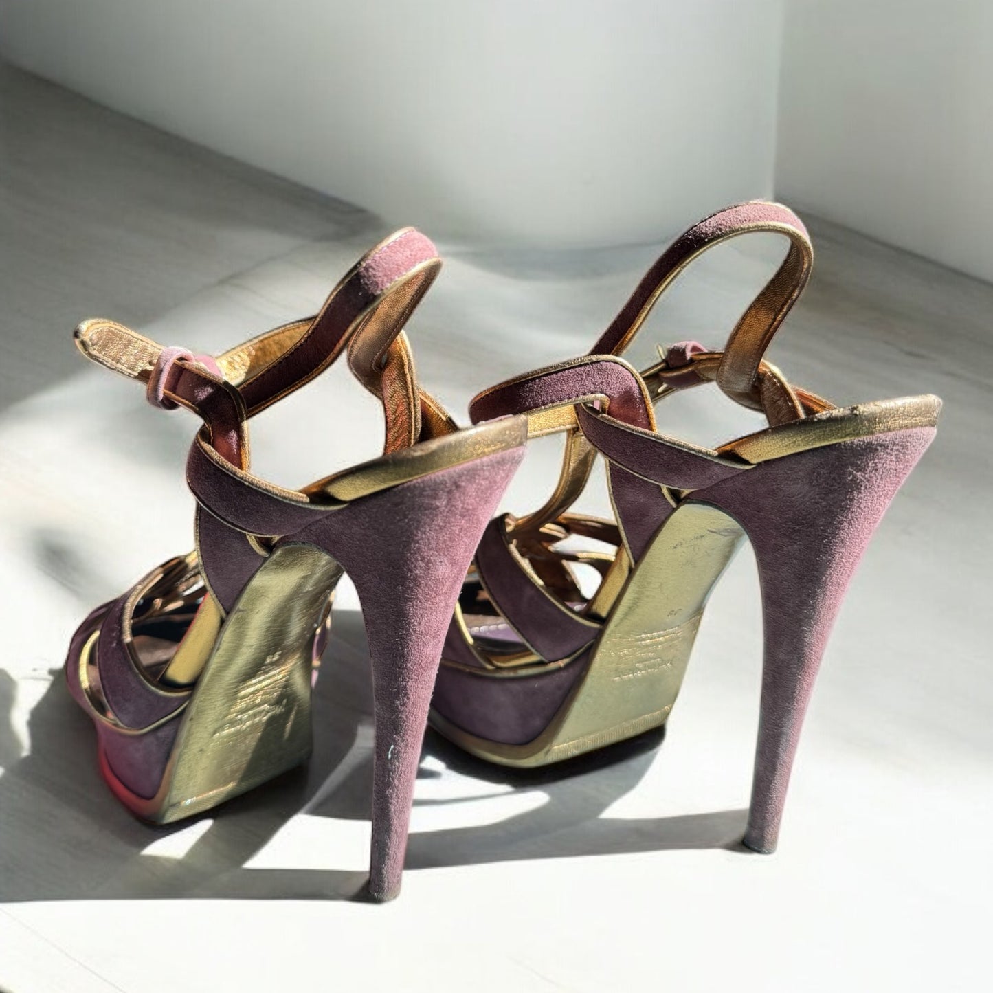 YSL Yves Saint Laurent Classic Purple Suede & Gold Platform Heels – Size 38 EU