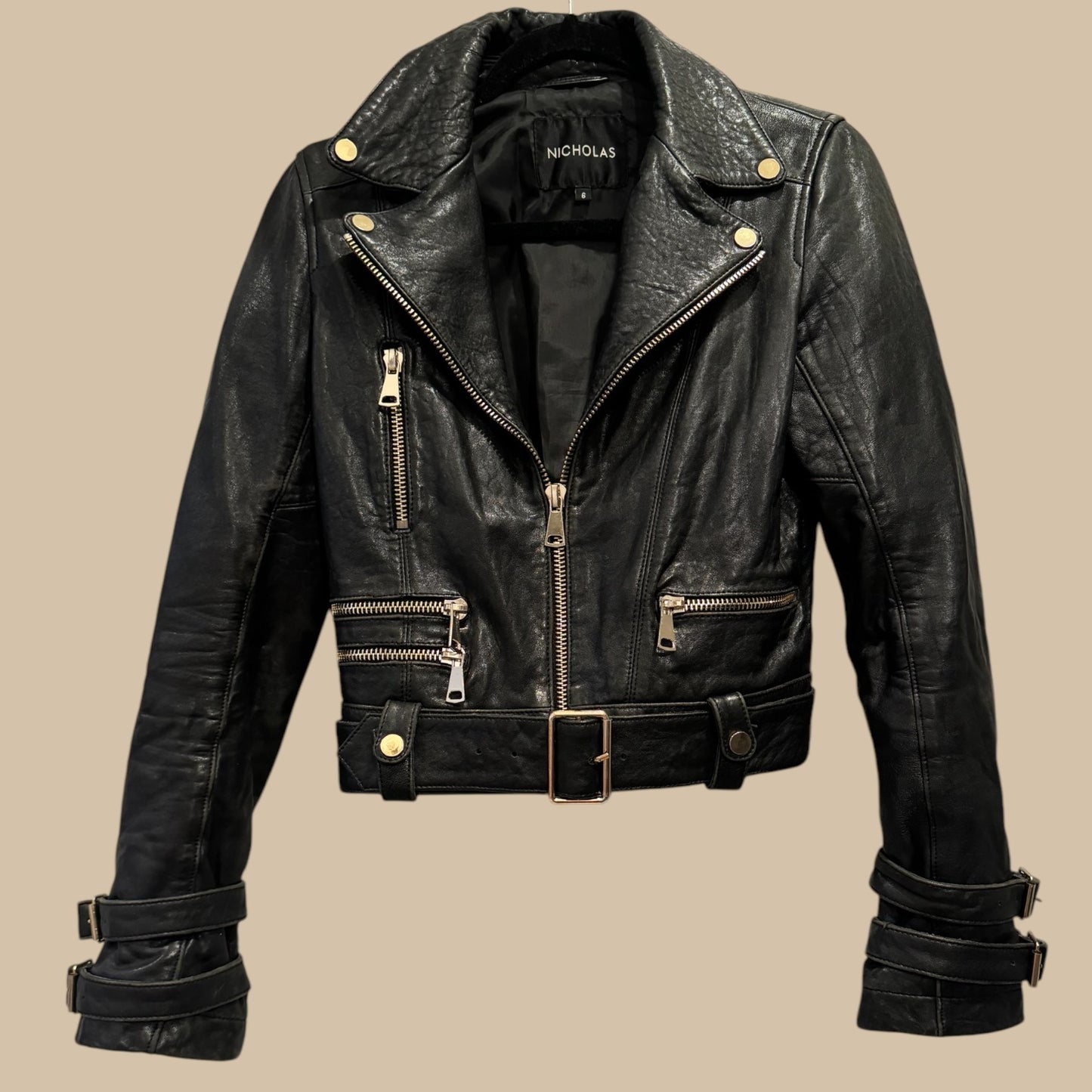 Nicholas Black Leather Biker Jacket with Gold Hardware – Size 6