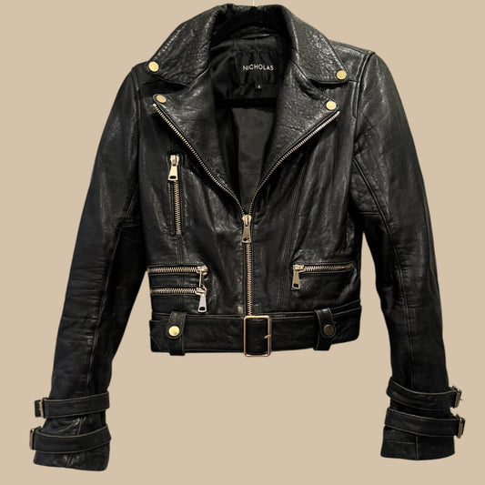 Nicholas Black Leather Biker Jacket with Gold Hardware – Size 6