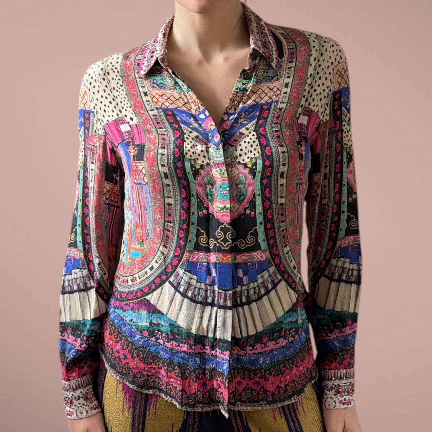 Camilla 100% Silk Printed Button-Up Blouse – Size S