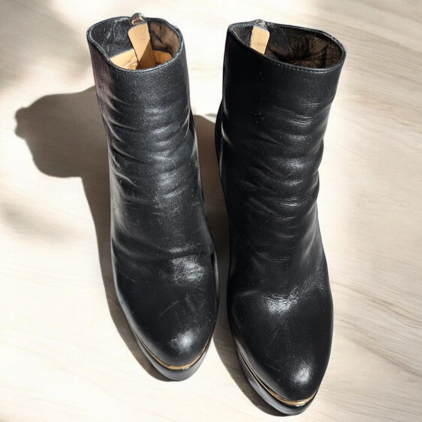 Charlotte Olympia Black Leather and Suede Platform Ankle Boots with Gold Detail - Size 39