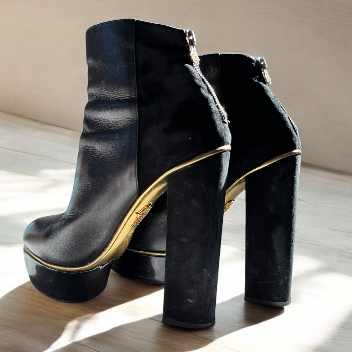 Charlotte Olympia Black Leather and Suede Platform Ankle Boots with Gold Detail - Size 39